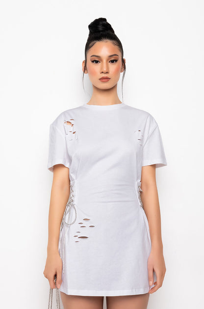 LACE UP RHINESTONE TSHIRT DRESS