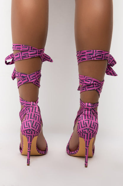 LAURENT-46 STRAP UP PRINTED STILETTO SANDAL IN PINK