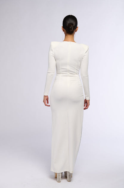 LEADER OF THE PACK LONG SLEEVE HIGH SLIT GOWN IN WHITE