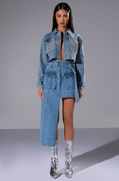 OWN VIBE ABSTRACT CUT DENIM SKIRT