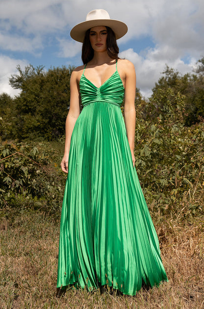 LILY PLEATED SATIN MAXI DRESS
