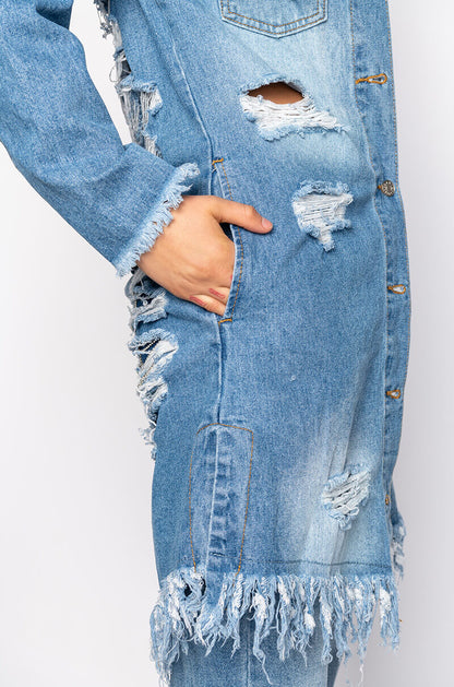 LONG DENIM JACKET WITH DISTRESSING