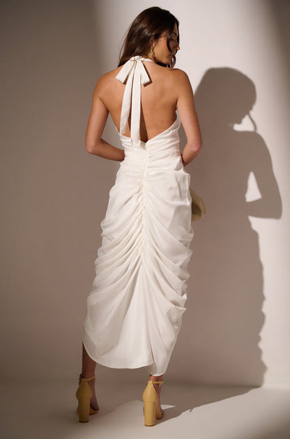LOOK TWICE RUCHED MIDI DRESS IN WHITE
