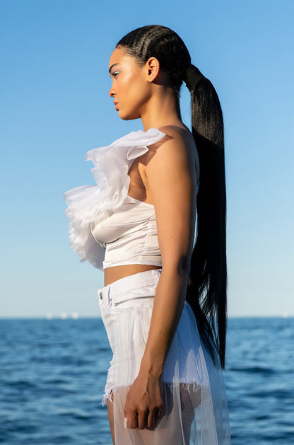 LILA ONE SHOULDER RUFFLED CROP TOP