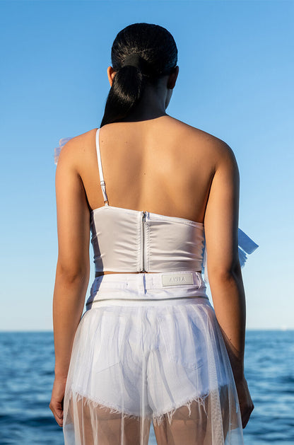 LILA ONE SHOULDER RUFFLED CROP TOP