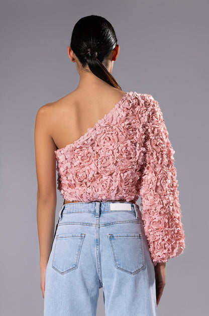 LUCIA FLORAL APPLIQUE ONE SHOULDER CROP BLOUSE