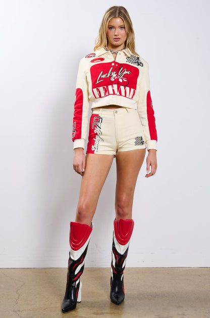 LUCKY ME EMBROIDERED BOMBER