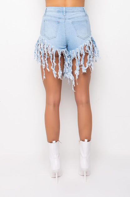 MAXI FRINGE HIGH WAISTED DENIM SHORTS