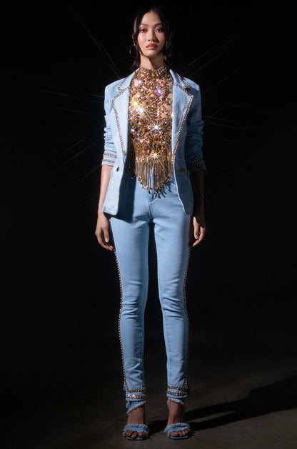 ME MYSELF AND I CHAIN DETAIL DENIM BLAZER