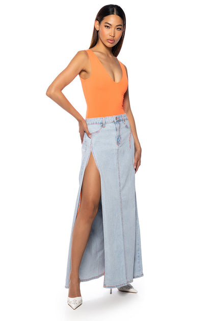 MIA DOUBLE SLIT MAXI DENIM SKIRT