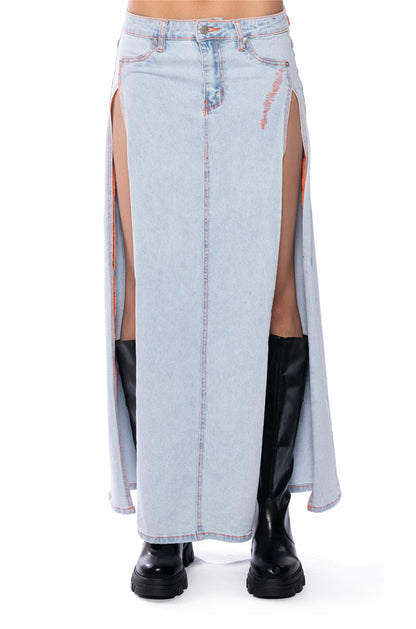 MIA DOUBLE SLIT MAXI DENIM SKIRT