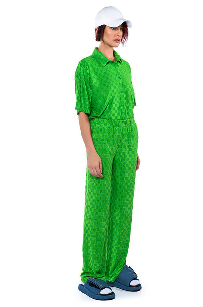 MICHELLE TERRY CHECKER TEXTURED BUTTON POLO SHIRT