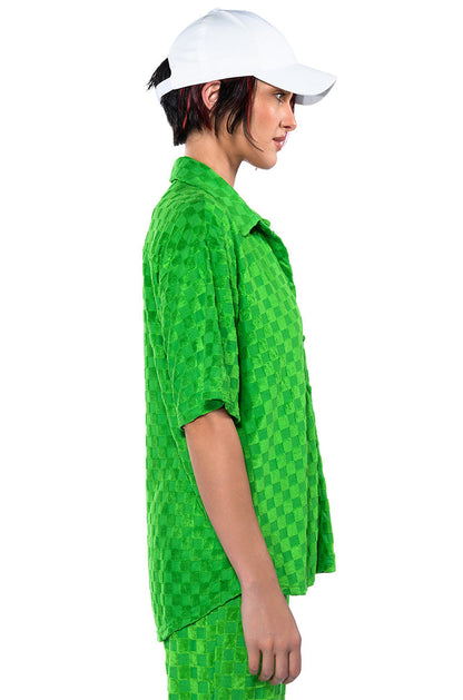 MICHELLE TERRY CHECKER TEXTURED BUTTON POLO SHIRT