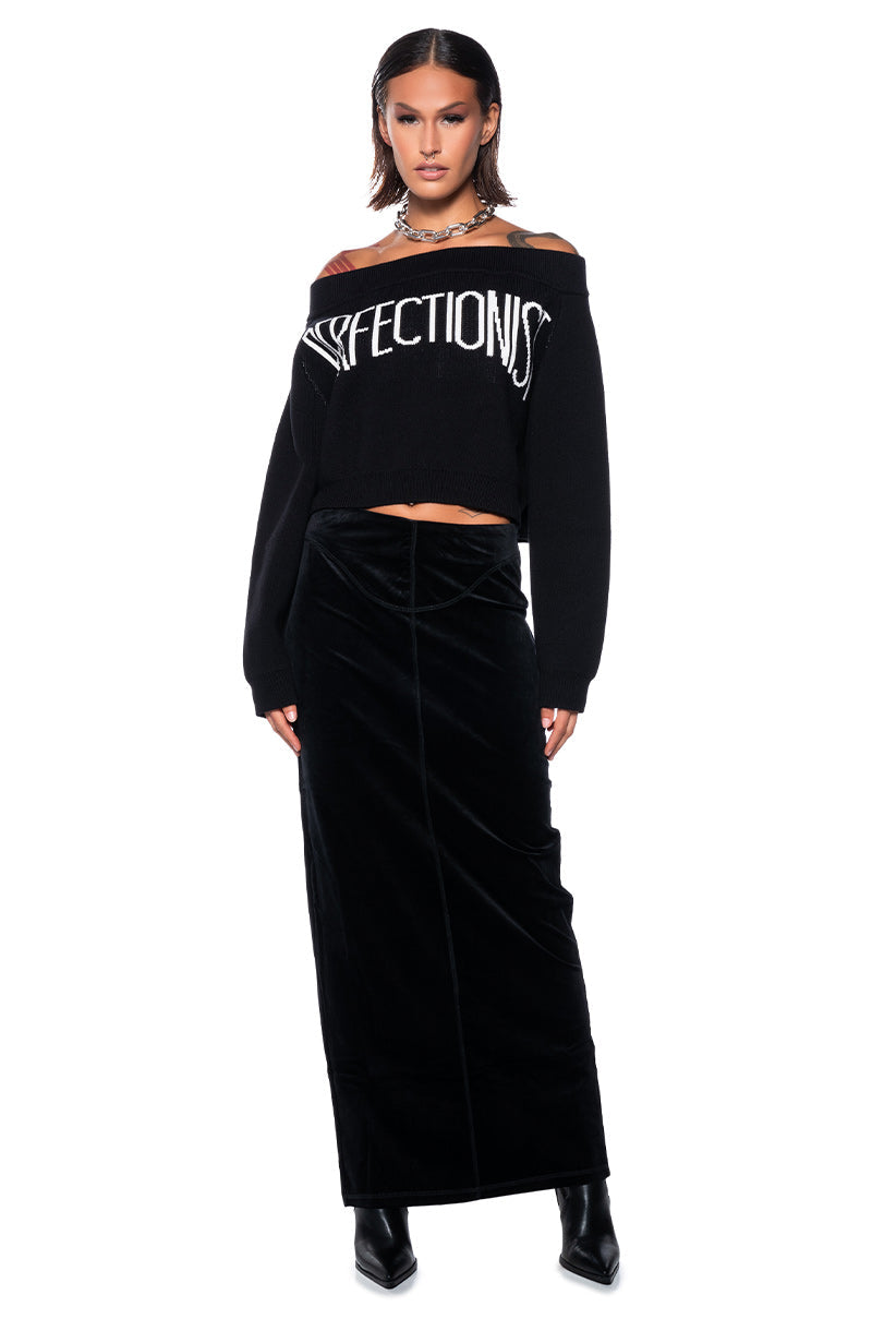 MISS PERFECTION OFF THE SHOULDER SWEATER