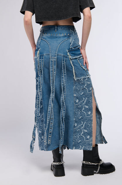 MIXED MEDIA DENIM MAXI SKIRT