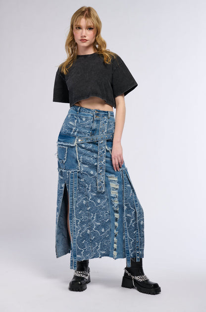 MIXED MEDIA DENIM MAXI SKIRT