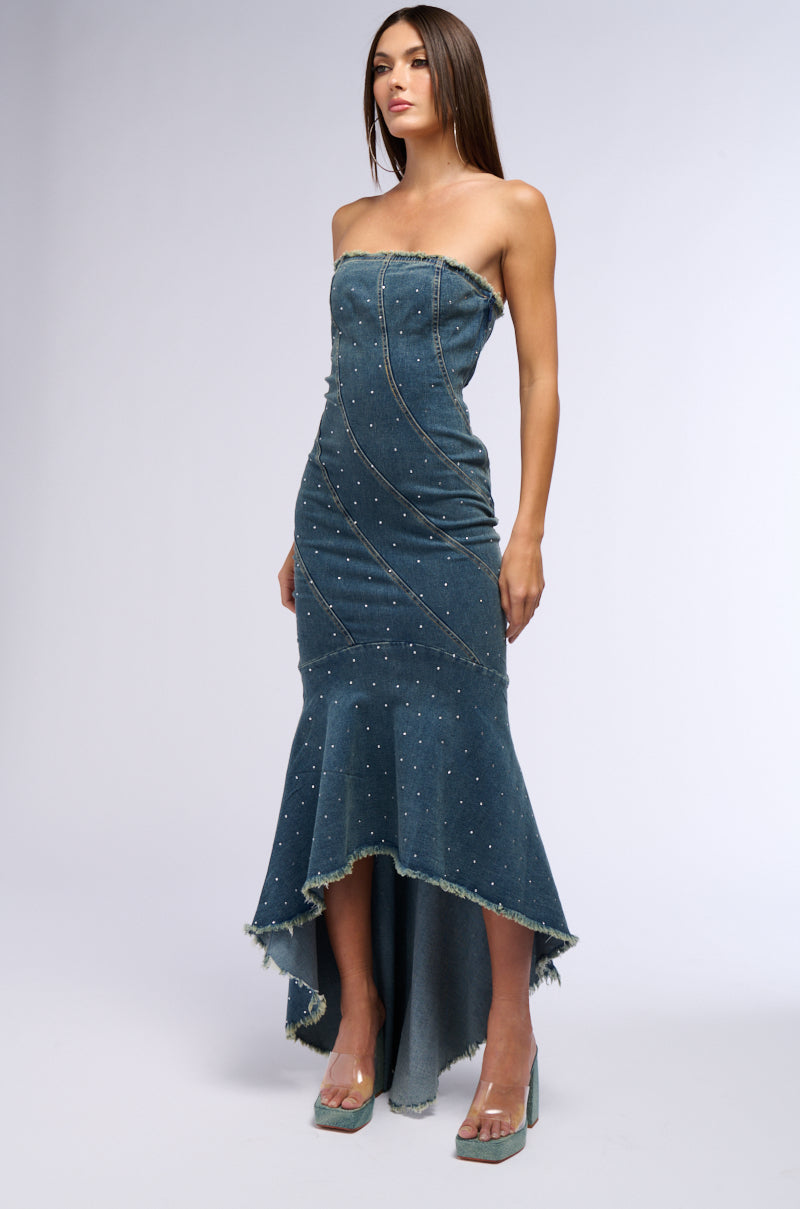 MY OWN MUSE HIGH LOW RHINESTONE DENIM MIDI DRESS