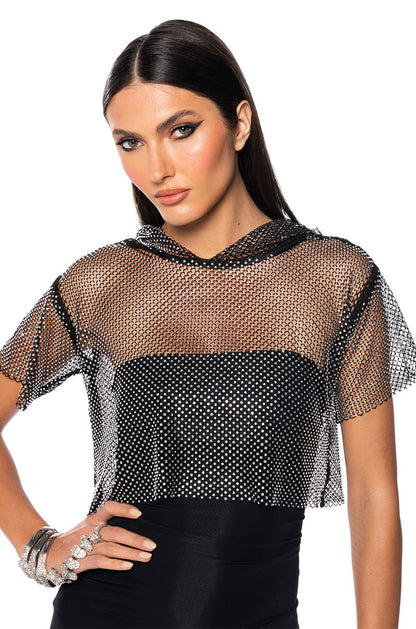 NORTH STAR RHINESTONE MESH HOODED CROP TOP