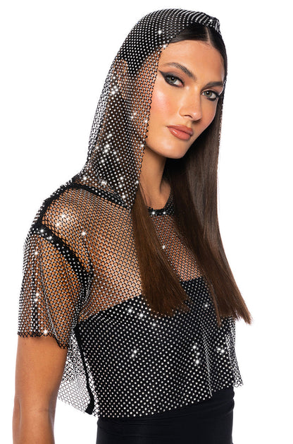 NORTH STAR RHINESTONE MESH HOODED CROP TOP