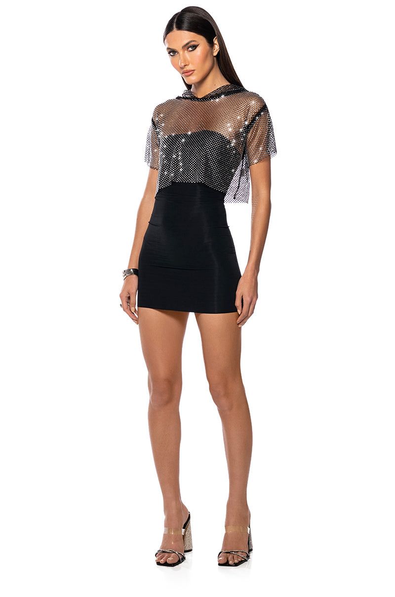 NORTH STAR RHINESTONE MESH HOODED CROP TOP