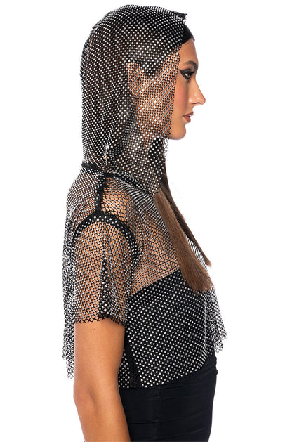 NORTH STAR RHINESTONE MESH HOODED CROP TOP