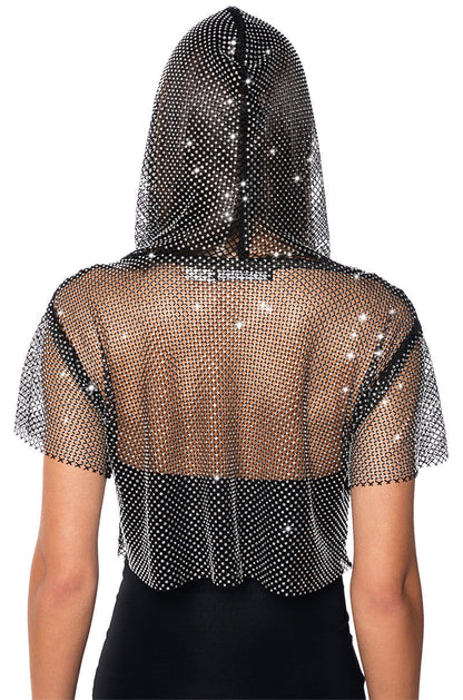 NORTH STAR RHINESTONE MESH HOODED CROP TOP
