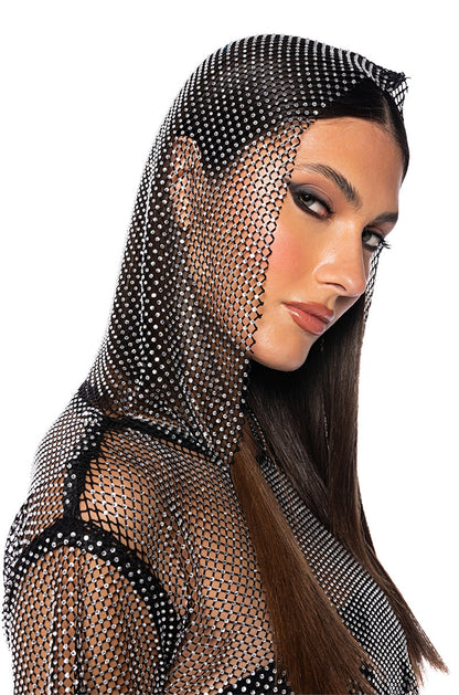 NORTH STAR RHINESTONE MESH HOODED CROP TOP