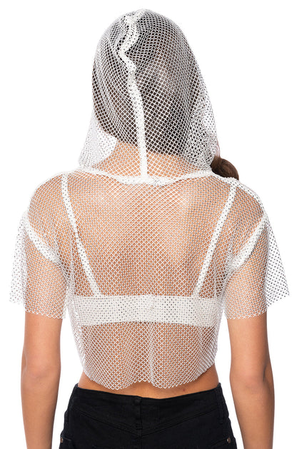 NORTH STAR RHINESTONE MESH HOODED CROP TOP IN WHITE