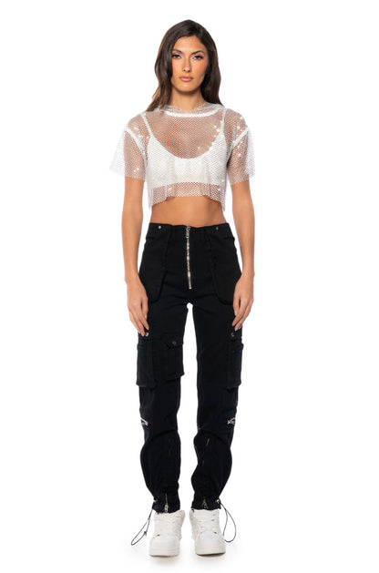NORTH STAR RHINESTONE MESH HOODED CROP TOP IN WHITE