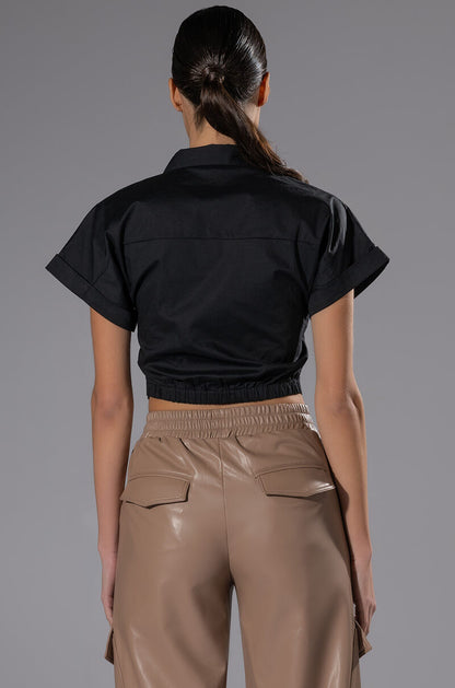 NOT IN THE MOOD CROPPED BUTTON DOWN BLOUSE