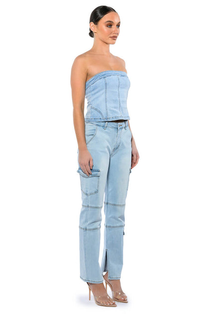 NOT YOUR AVERAGE GIRL DENIM STRAPLESS TOP