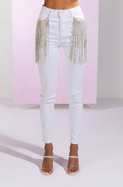 NOTHIN BETTER RHINESTONE POCKET SKINNY JEANS