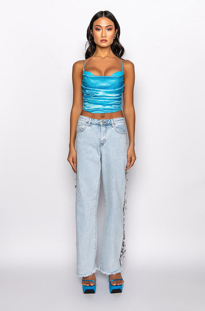 NOVA GIRL RHINESTONE COWL NECK TANK