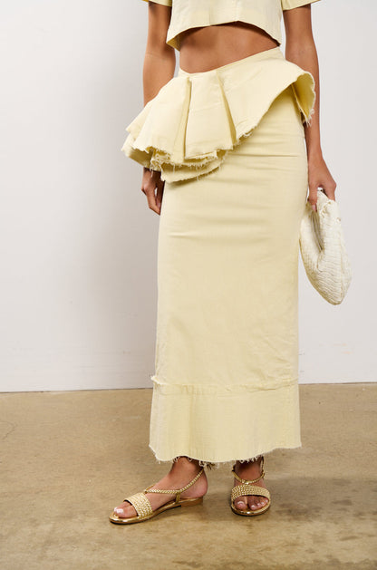 OCEAN BREEZE RUFFLE DETAIL STRETCH LINEN MAXI SKIRT