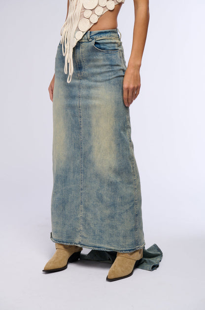 OH THE DRAMA DENIM MAXI SKIRT WITH TRAIN