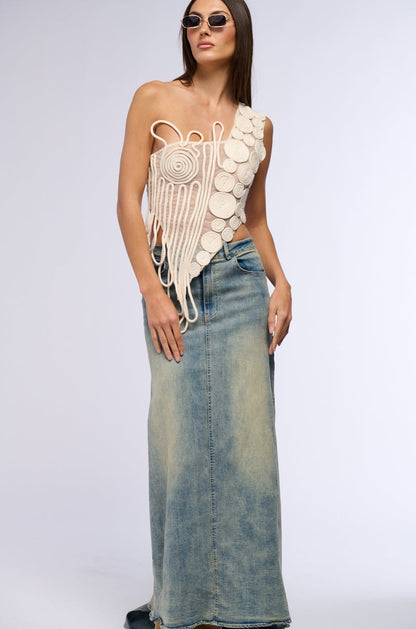 OH THE DRAMA DENIM MAXI SKIRT WITH TRAIN