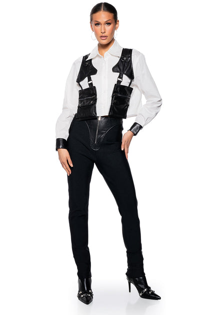 ON DUTY FAUX LEATHER POCKET DETAIL POPLIN SHIRT
