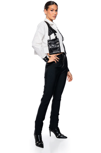 ON DUTY FAUX LEATHER POCKET DETAIL POPLIN SHIRT