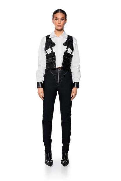 ON DUTY FAUX LEATHER POCKET DETAIL POPLIN SHIRT