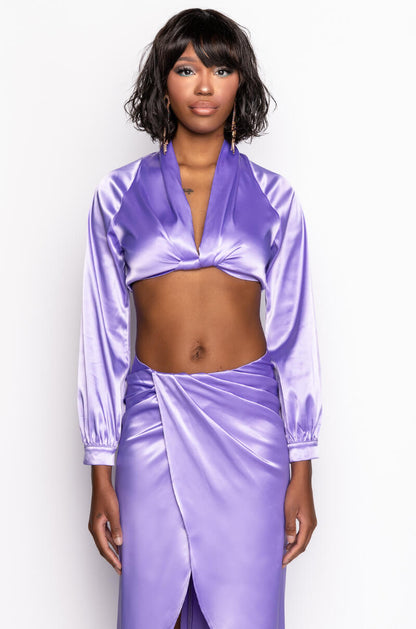 ON MY LEVEL TWIST FRONT SATIN CROP BLOUSE