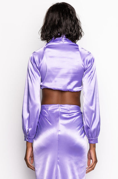 ON MY LEVEL TWIST FRONT SATIN CROP BLOUSE