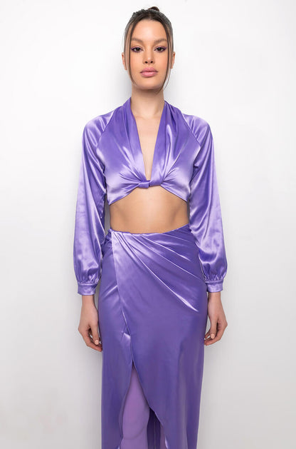 ON MY LEVEL TWIST FRONT SATIN CROP BLOUSE