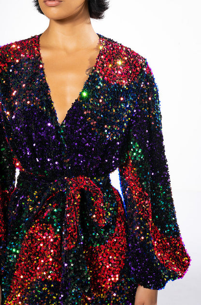 ON MY TIME SEQUIN WRAP MINI DRESS