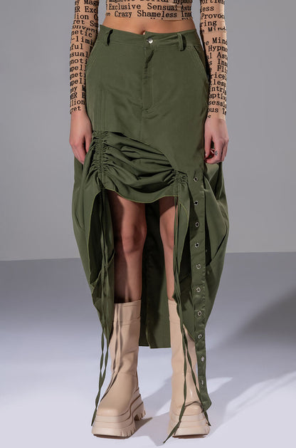 ON THE GO CINCHED OLIVE MIDI SKIRT