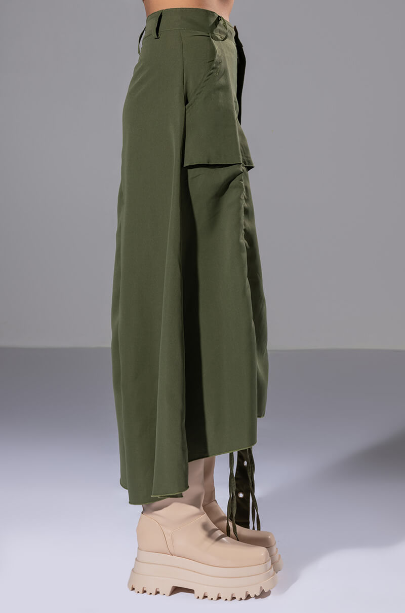 ON THE GO CINCHED OLIVE MIDI SKIRT