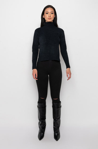 OPEN BACK CHAIN DETAIL MOCK NECK SWEATER