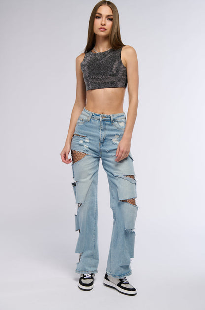 OUT OF THIS WORLD RHINESTONE CUT OFF CROPPED TANK IN BLACK