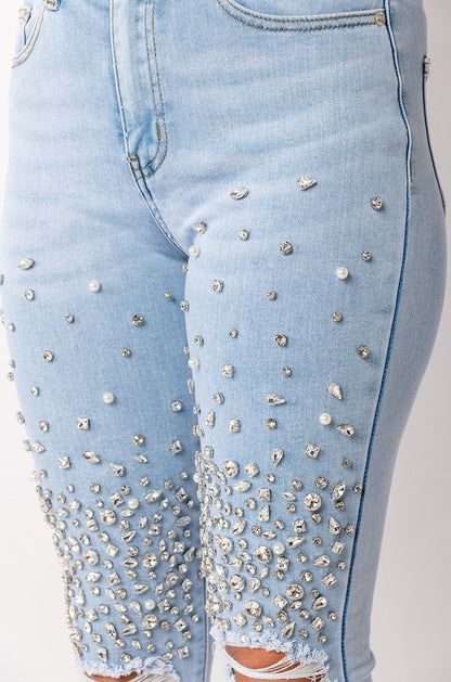 OUTTA THIS WORLD DISTRESSED RHINESTONE HIGH RISE SKINNY JEANS