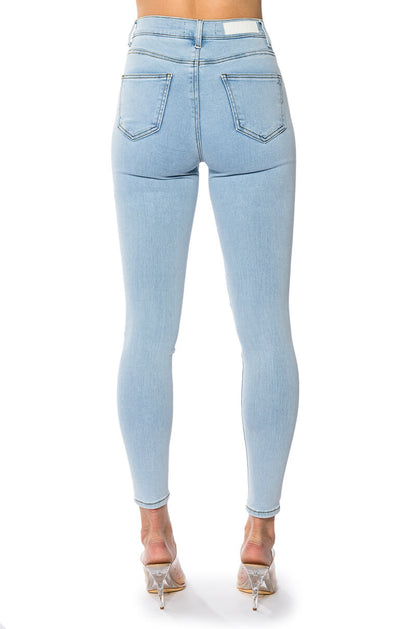 OUTTA THIS WORLD DISTRESSED RHINESTONE HIGH RISE SKINNY JEANS