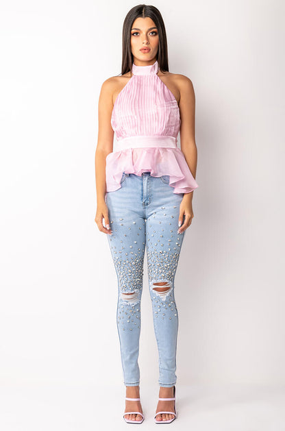 OUTTA THIS WORLD DISTRESSED RHINESTONE HIGH RISE SKINNY JEANS
